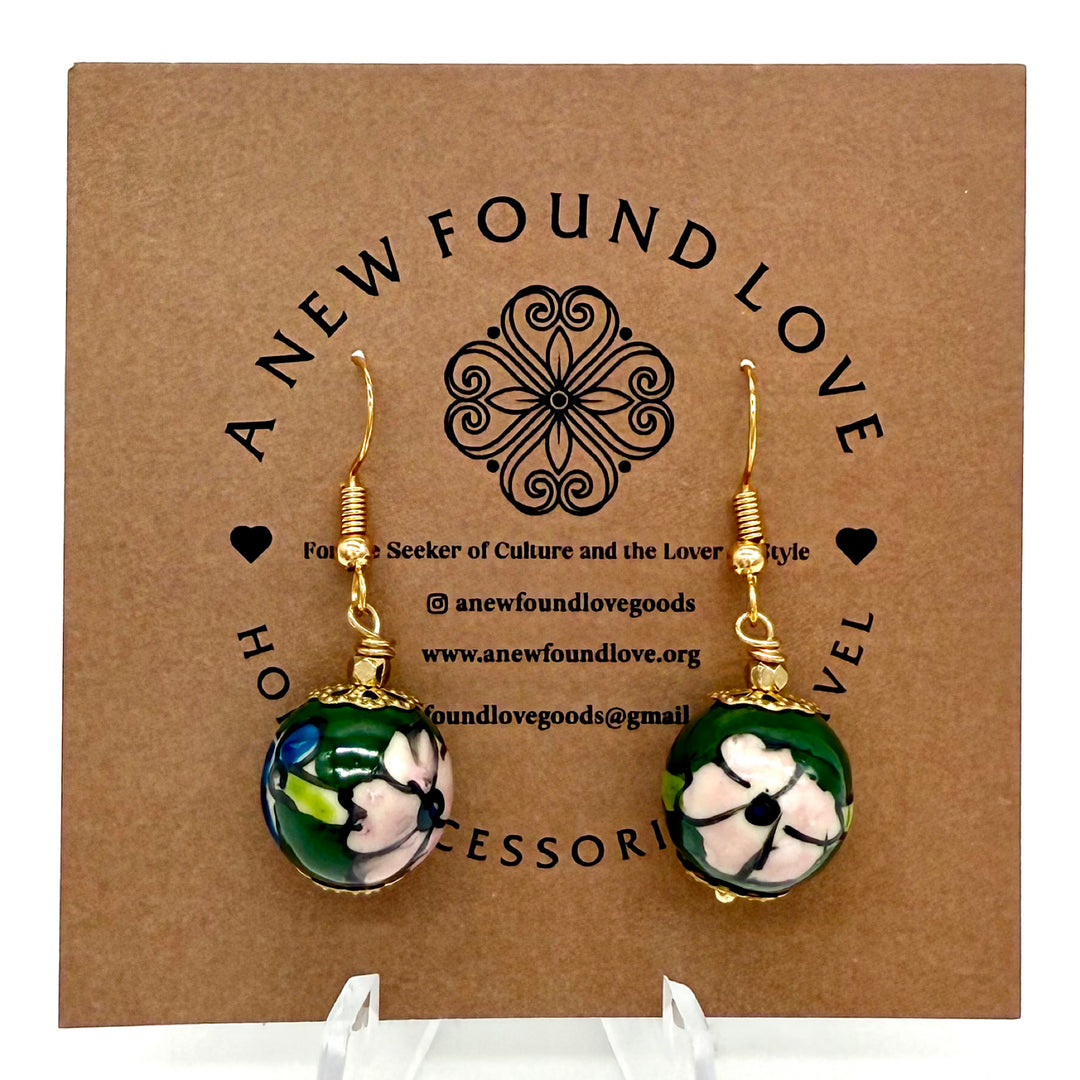 Handcrafted Green and Pink Ceramic Glass Bead Earrings
