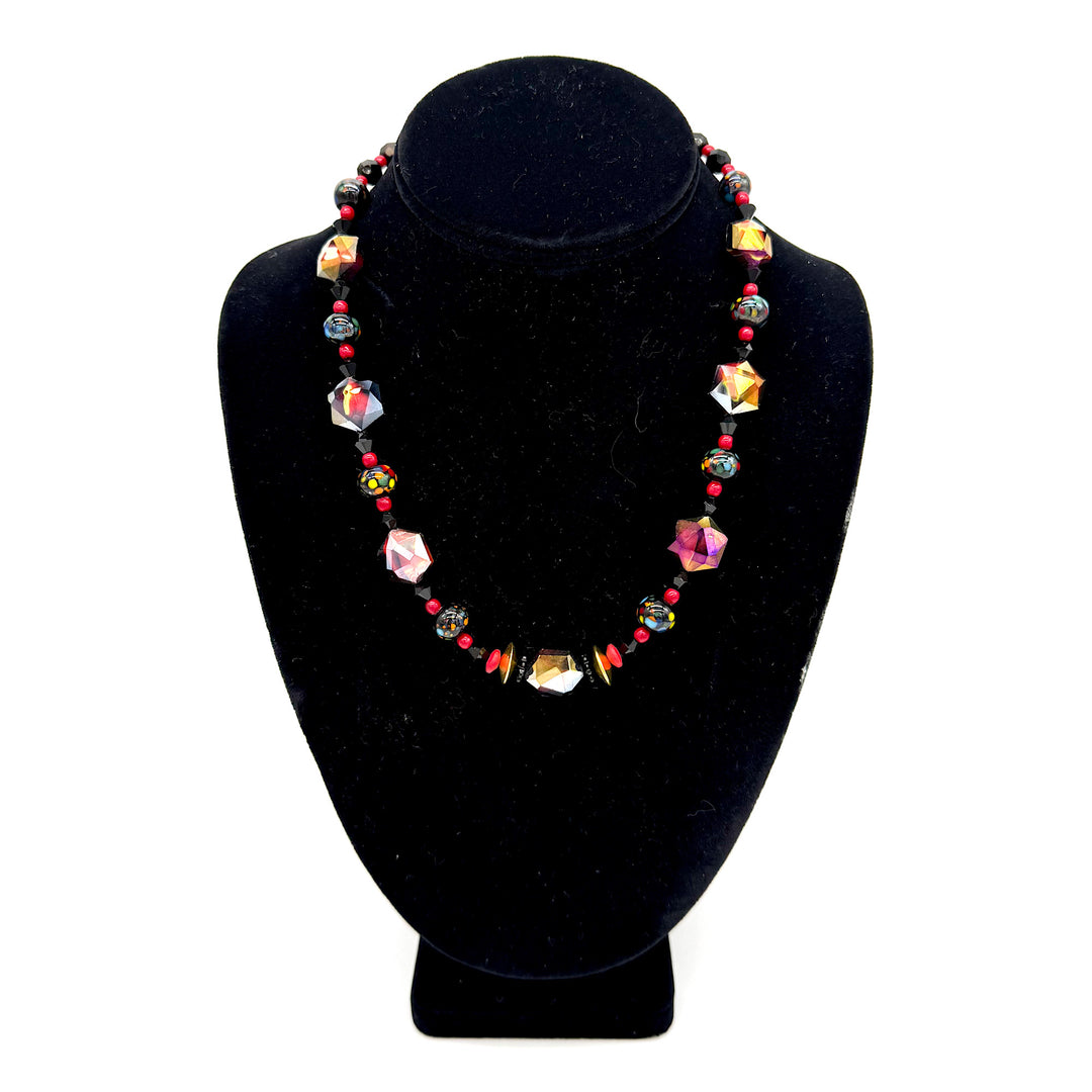 Handcrafted Red and Black Shiny Facet Bead Necklace with Goldtone Accents