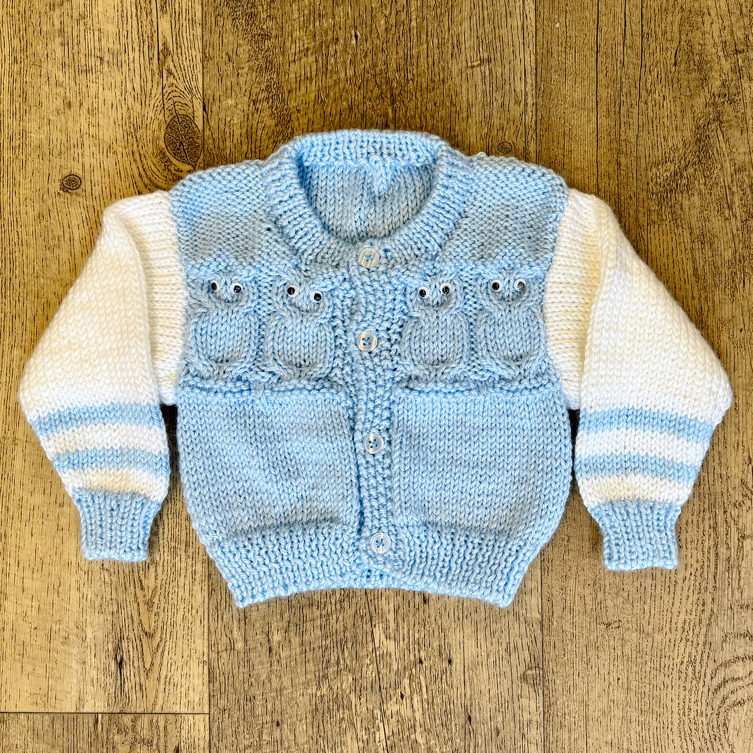 Hand Knit Light Blue and White Owl Cardigan Sweater