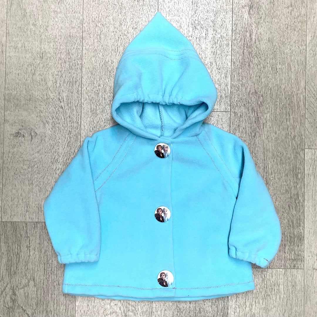 Handmade Aqua Fleece Hoodie with Anna and Elsa Buttons