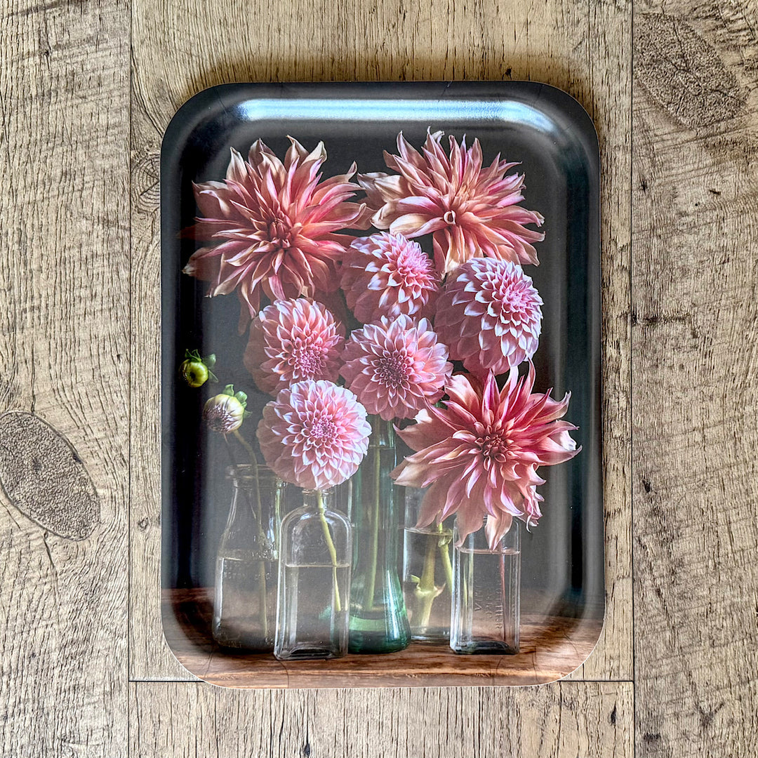 Handcrafted Birch Wood Tray With Pink Dahlias