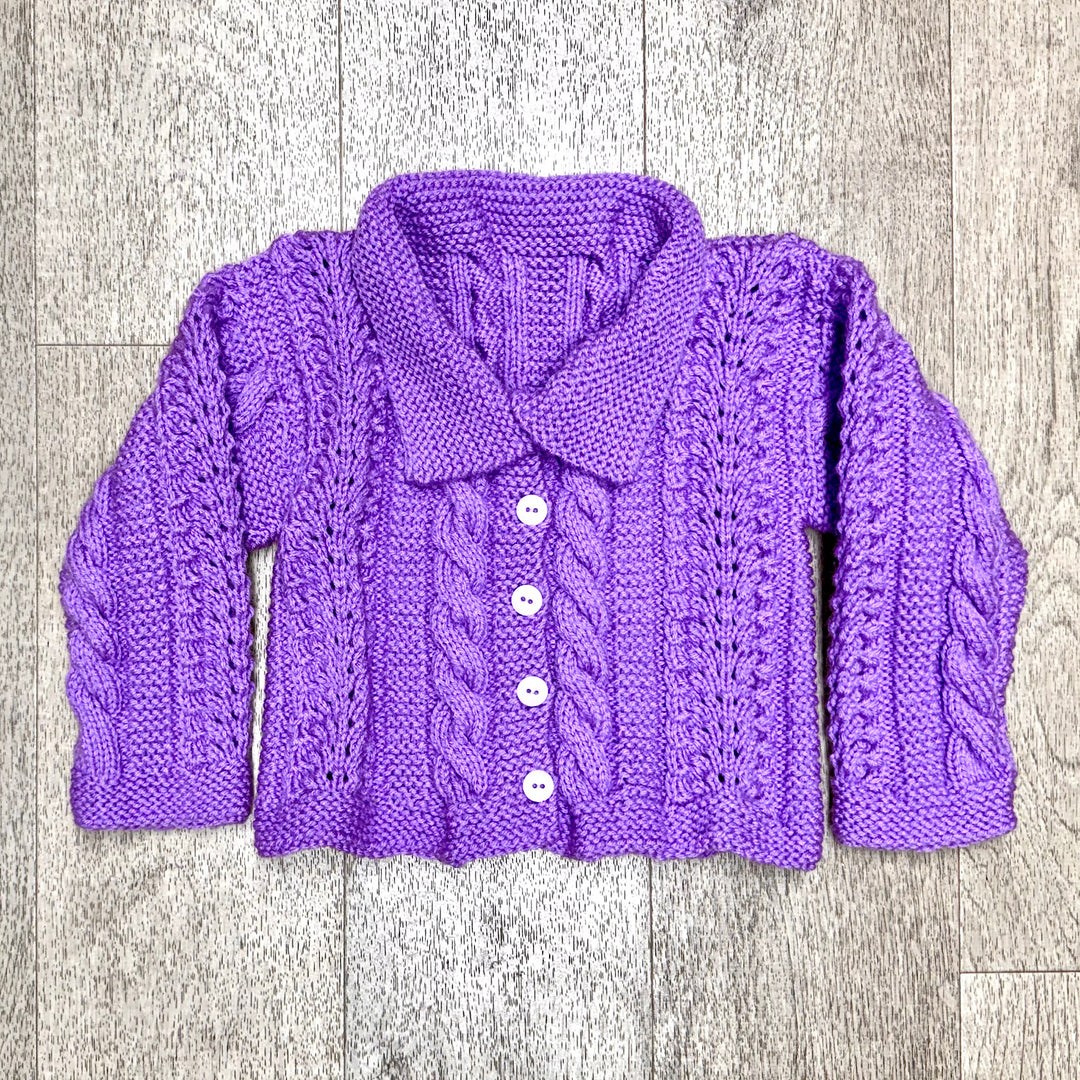 Hand Knit Purple Cable and Lace Cardigan Sweater