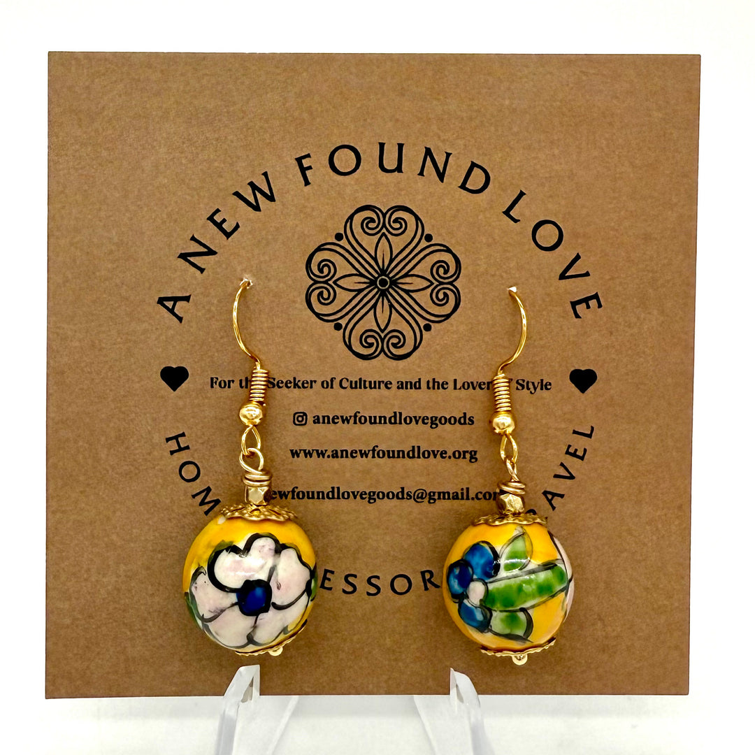 Handcrafted Yeloow and Blue Ceramic Glass Bead Earrings