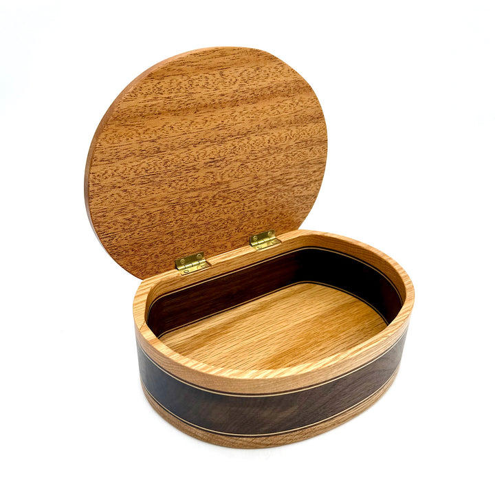 Handcrafted Semi-Oval Hinged Wood Box With Striped Wood Decoration on Lid