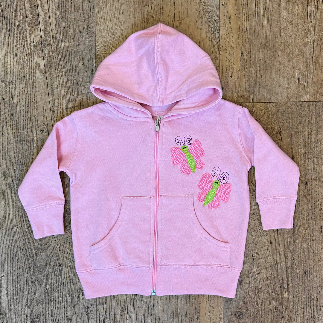 Pink Zip-up Hoodie with Hand Appliqued Butterlies