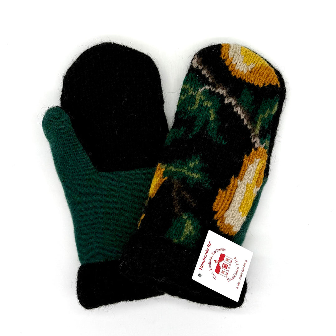 Handmade Green and Black Repurposed Wool Mittens