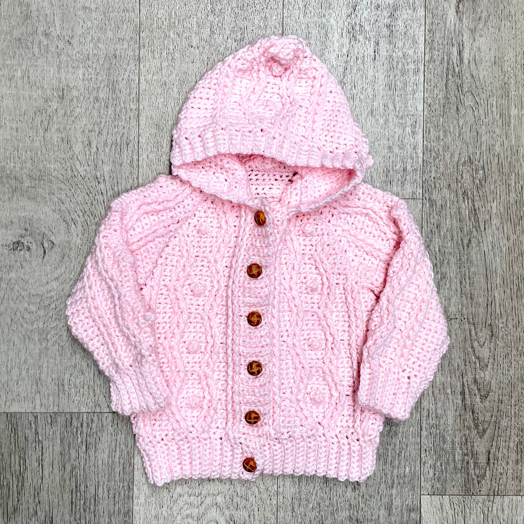 Hand Knit Light Pink Aran Hooded Cardigan Sweater