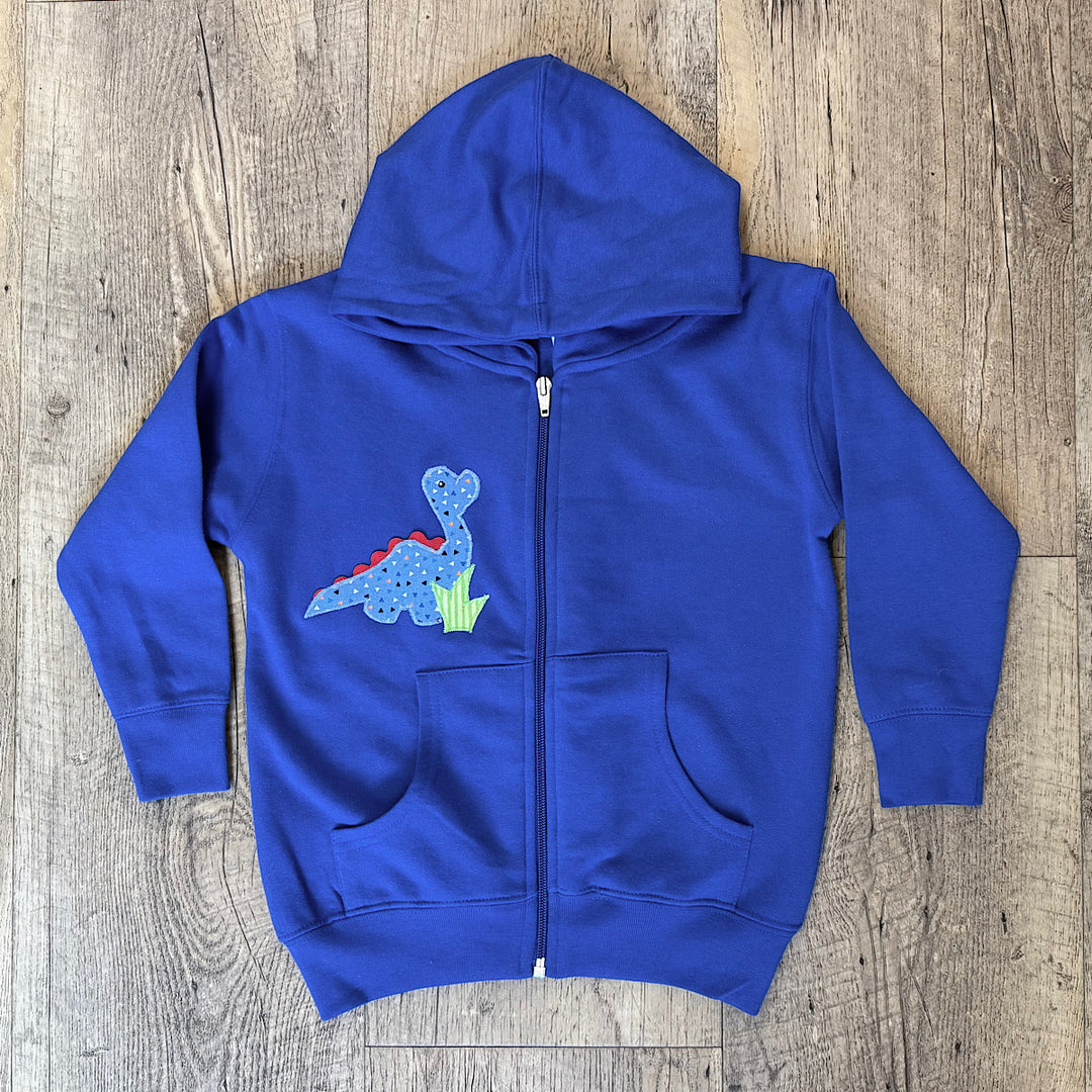 Royal Blue Zip-up Hoodie with Hand Appliqued Dinosaur