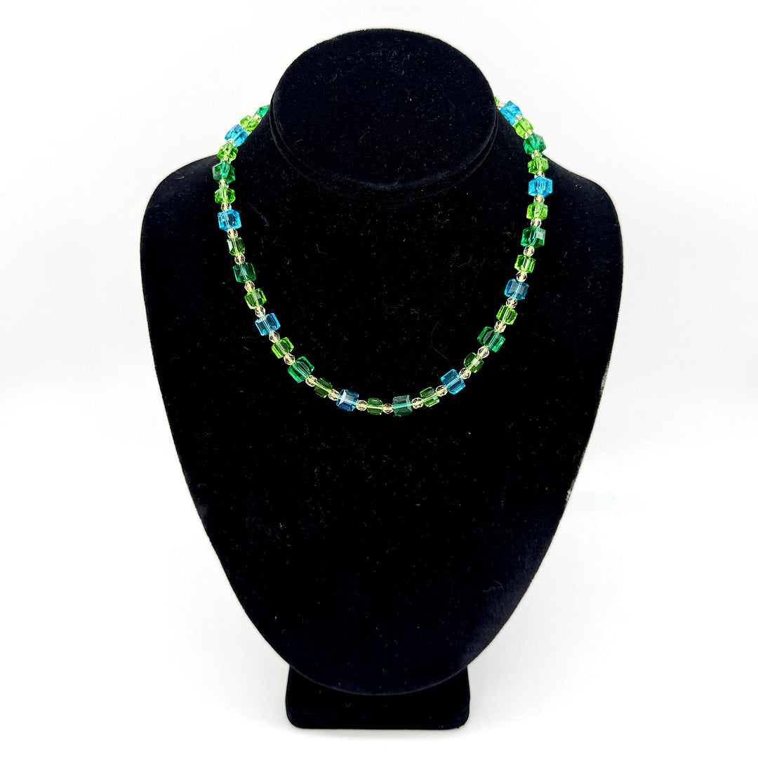 Handcrafted Green and Blue Glass Cube Necklace
