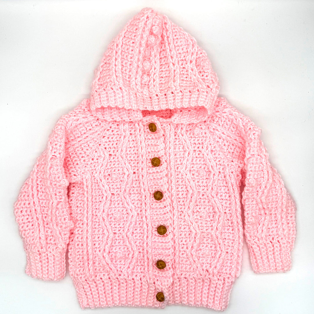 Hand Knit Pink Hooded Aran Cardigan