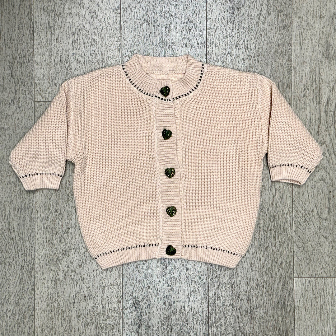 Knitted Cardigan Sweater with Green Leaf Buttons