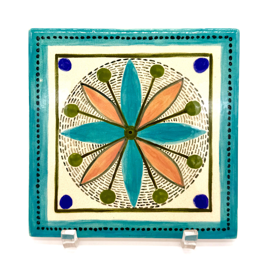 Handmade Ceramic Trivet with Teal Borders