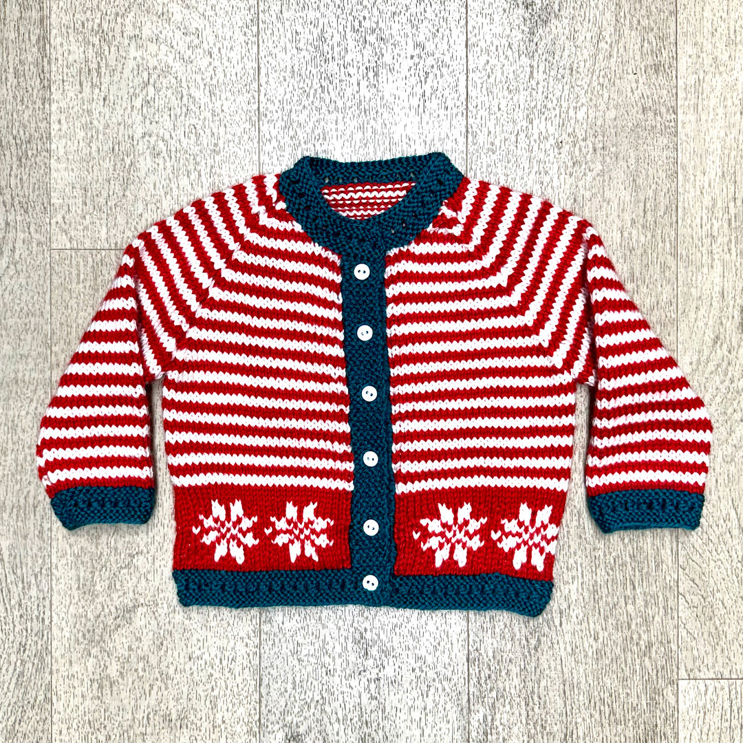 Hand Knit Red and White Striped Cardigan Sweater with Snowlflake Design