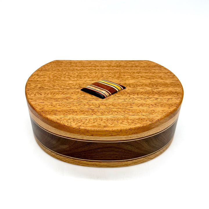 Handcrafted Semi-Oval Hinged Wood Box With Striped Wood Decoration on Lid