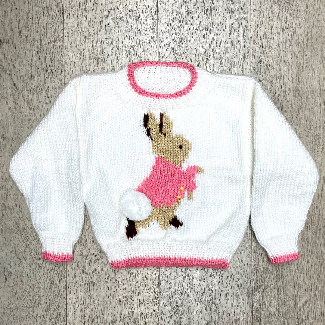 Hand Knit White and Pink Pullover Sweater with Rabbit on Front