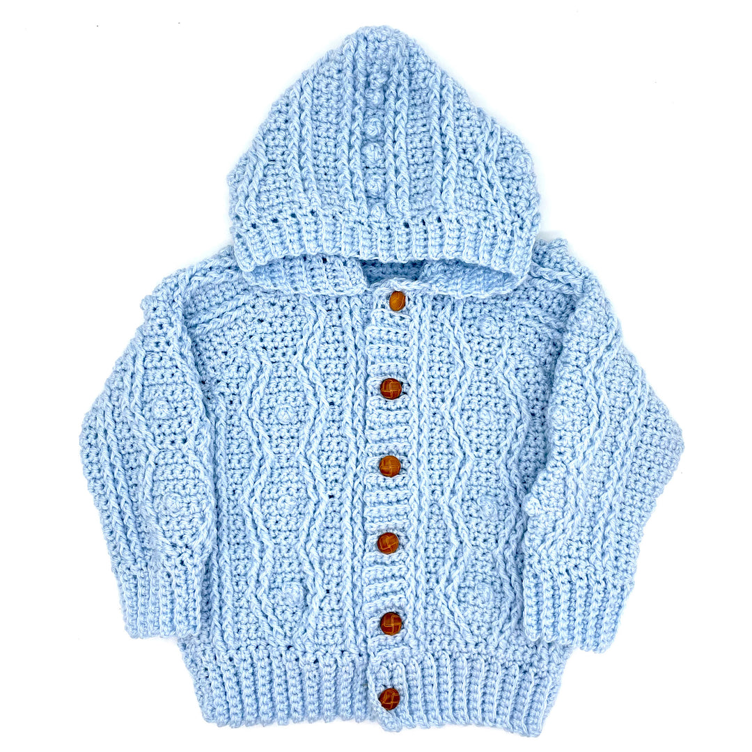 Hand Knit Hooded Blue Aran Cardigan