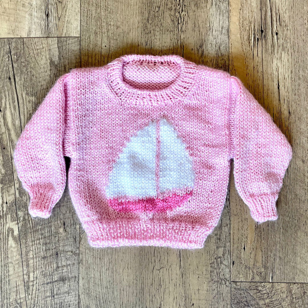 Hand Knit Pink Pullover Sweater with Sailboat Design
