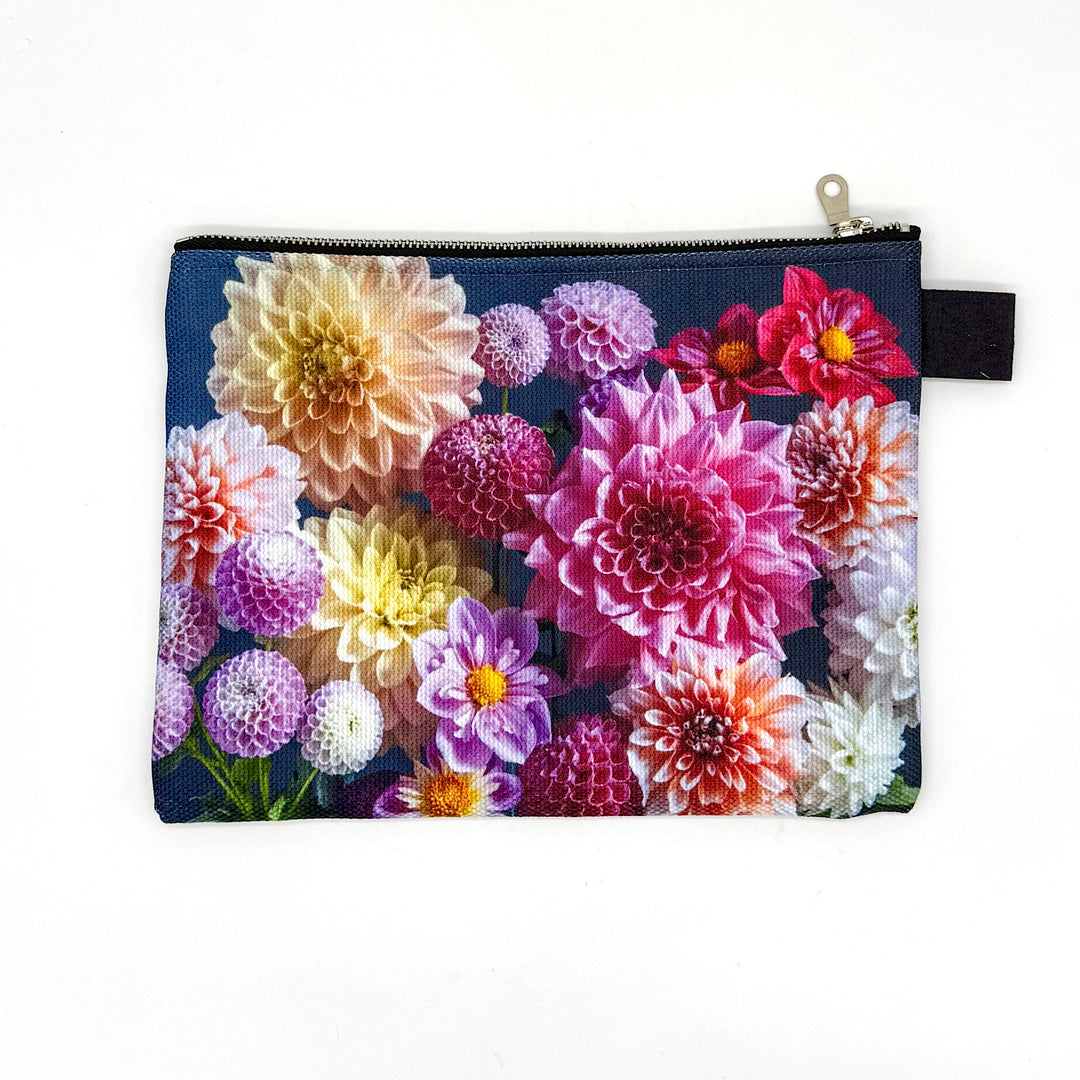 Zippered Fabric Pouch with Original Image of Dahlias