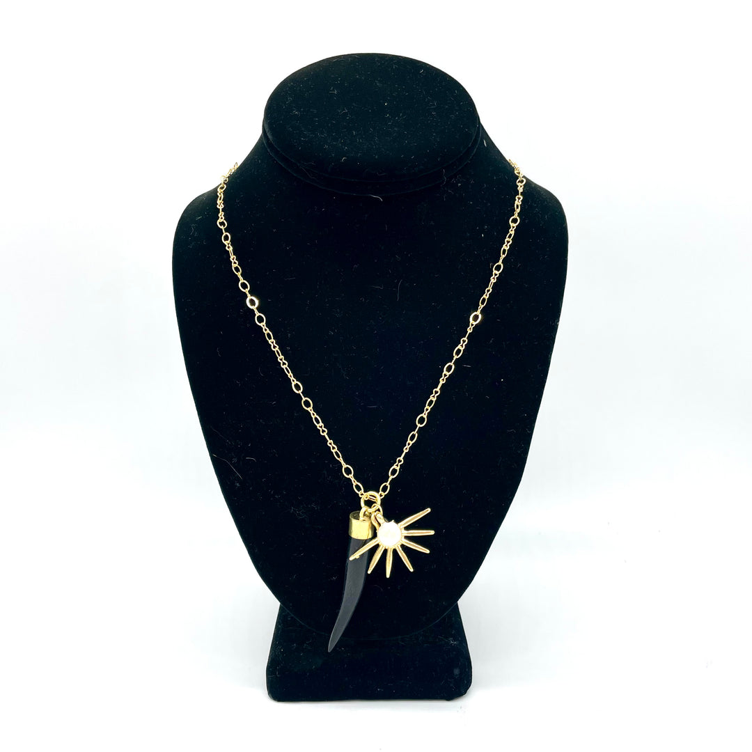 Handcrafted Goldtone Necklace with Long Black Pendant