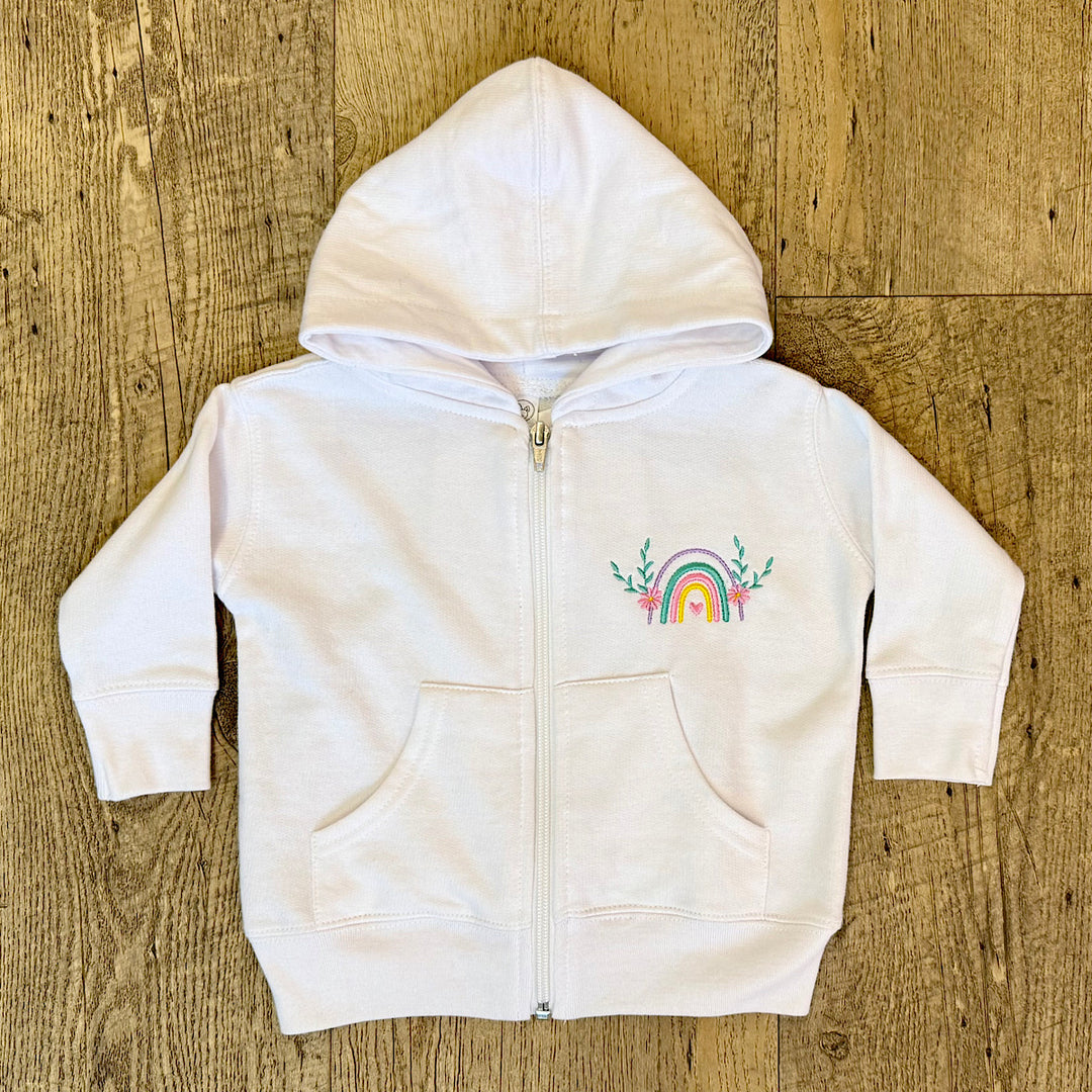 White Zip-up Hoodie with Embroidered Rainbow