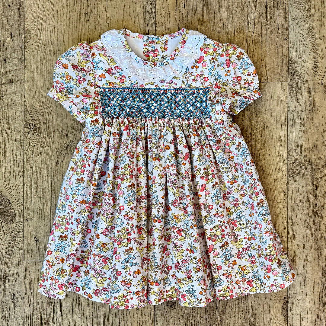 Handmade Smocked floral Dress with White ruffled Collar
