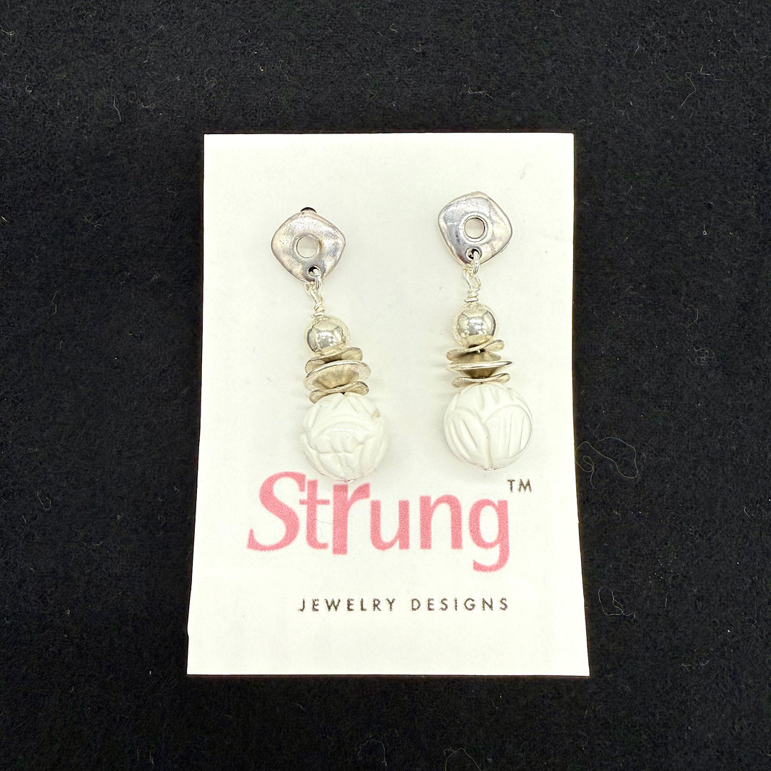 Handcrafted White Carved Beaded Earrings