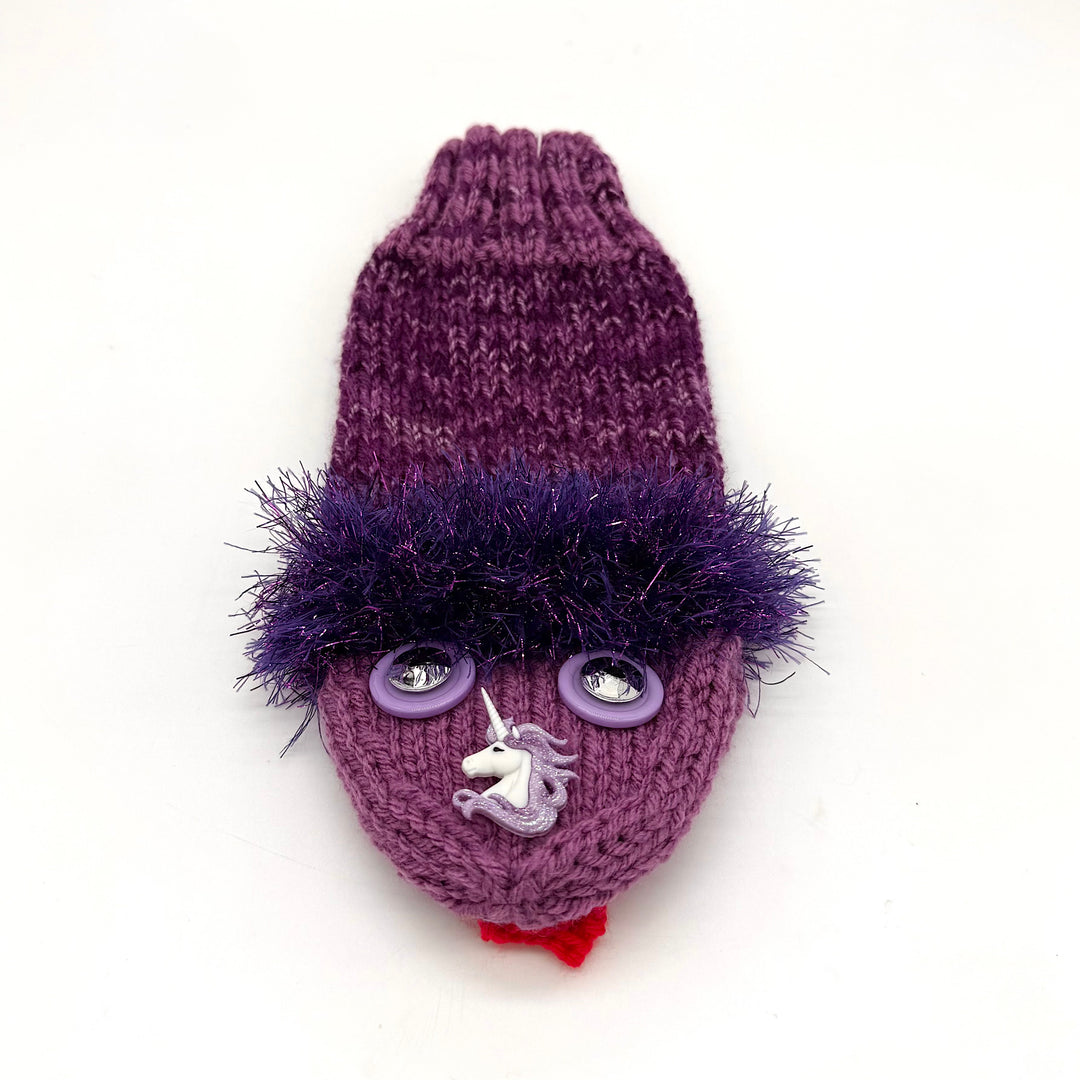 Hand knit purple sock puppet with a unicorn nose