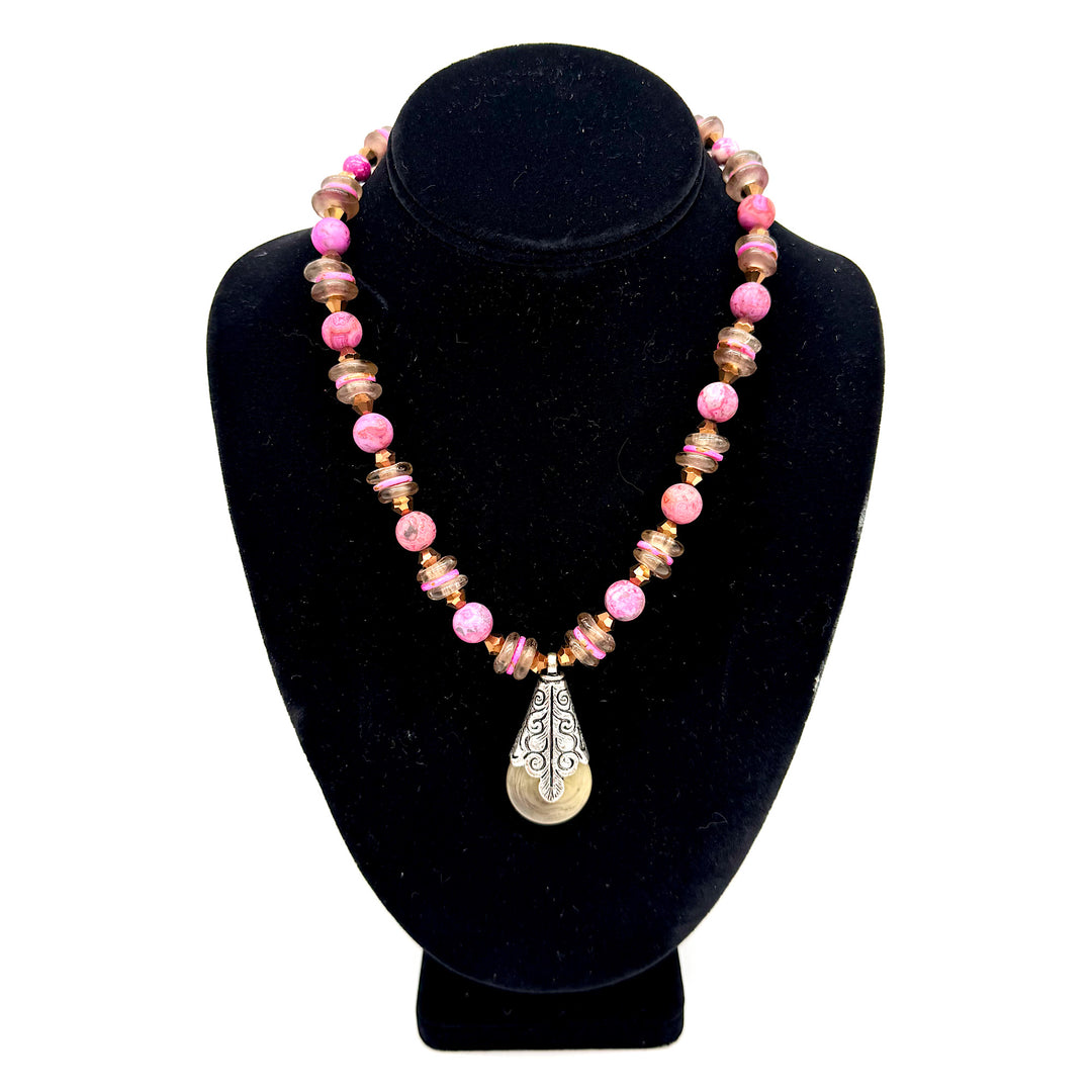 Handcrafted Matte Pink and Brown Bead Necklace with Pendant