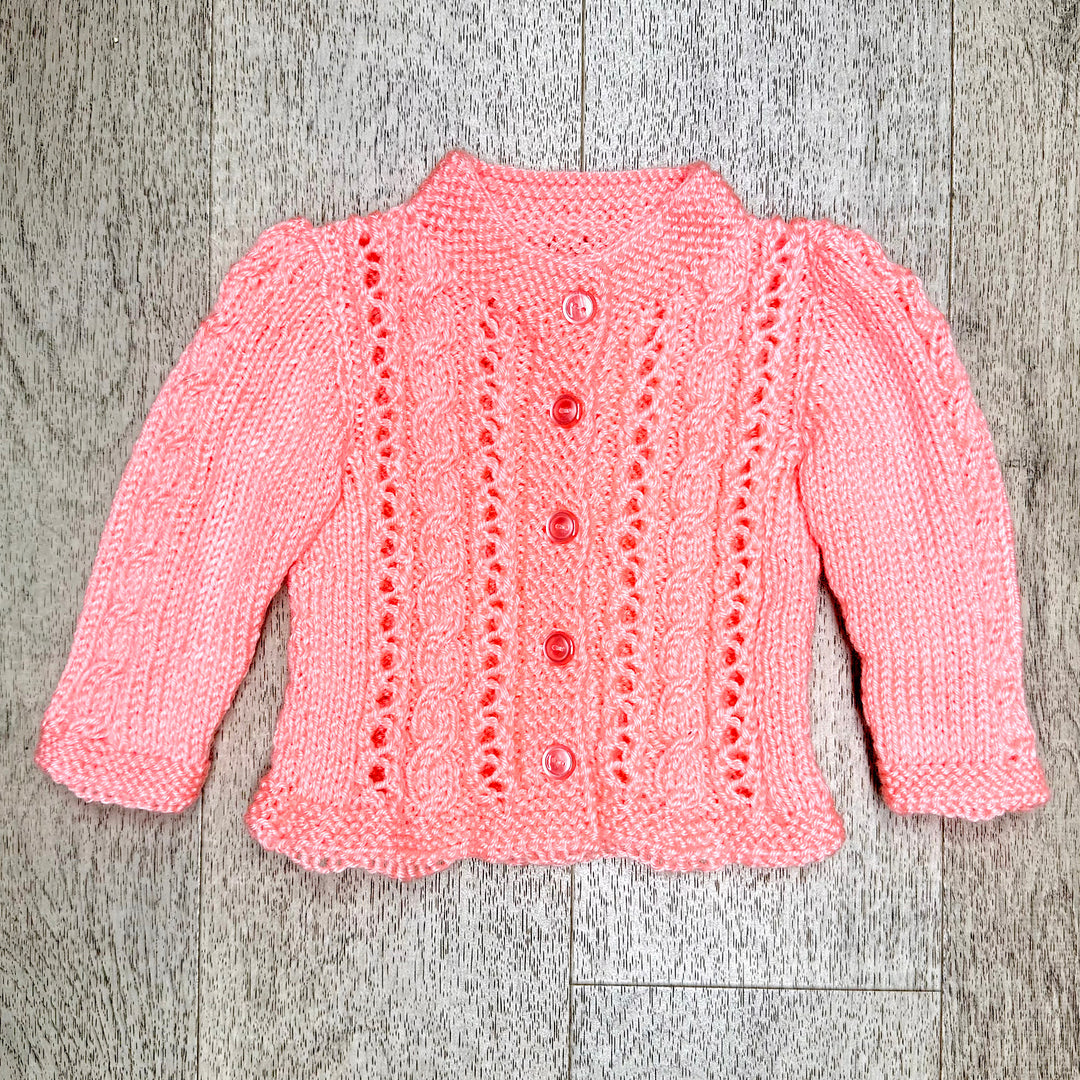 Hand Knit Coral Pink Cable and Lace Cardigan Sweater