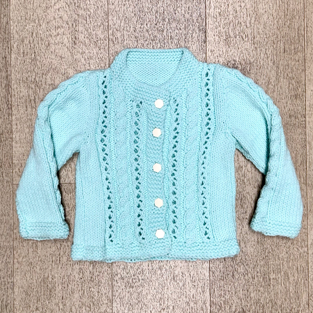 Hand Knit Light Mint Cable and Lace Cardigan Sweater