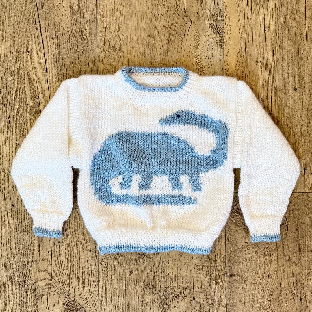 Hand Knit White and Blue Pullover Sweater with Dinosaur