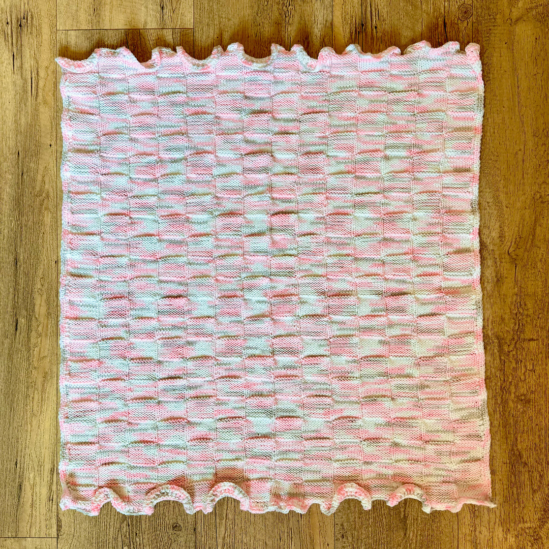 Hand Knit Pink/White/Gray Baby Blanket