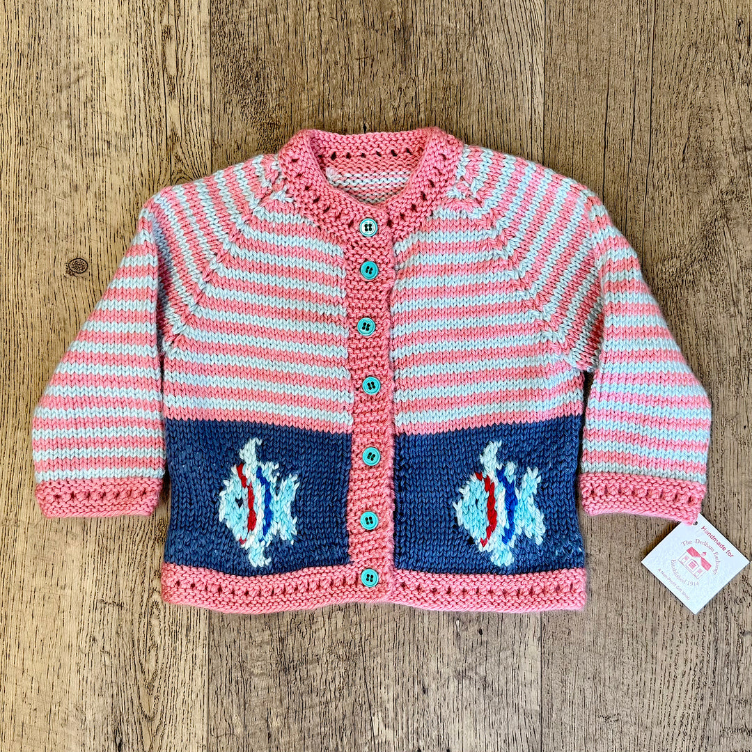 Hand Knit Coral Striped Cardigan Sweater With Fish Design