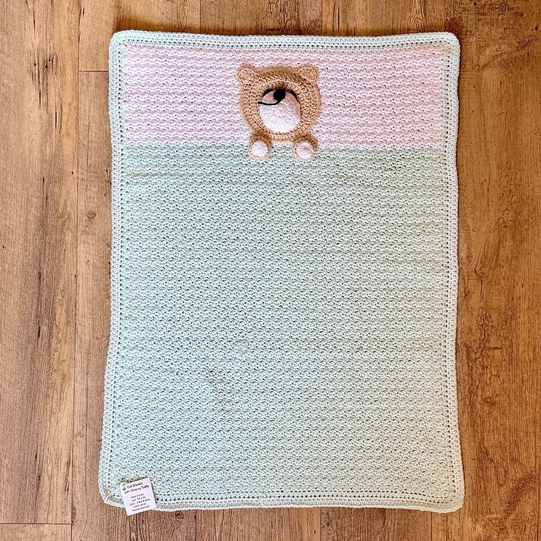 Hand Crocheted Mint Green and White Baby Blanket with Sleeping Bear