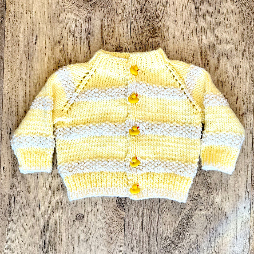 Hand Knit Yellow and Off White Cardigan