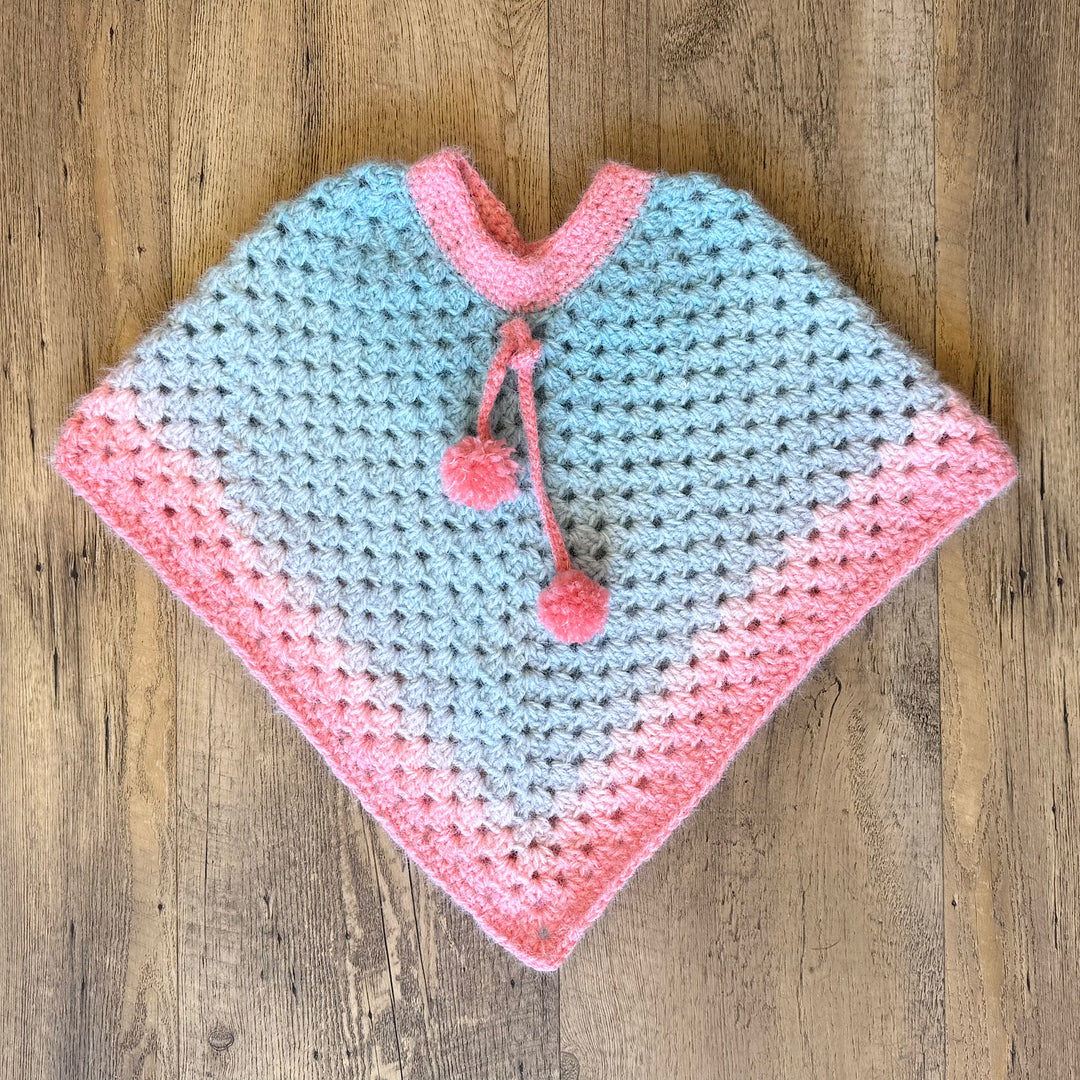 Handmade Crocheted Poncho in Rose and Light Aqua