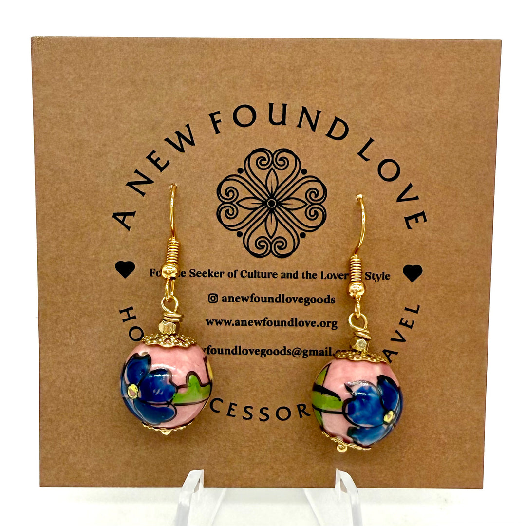 Handcrafted Pink and Blue Ceramic Glass Bead Earrings