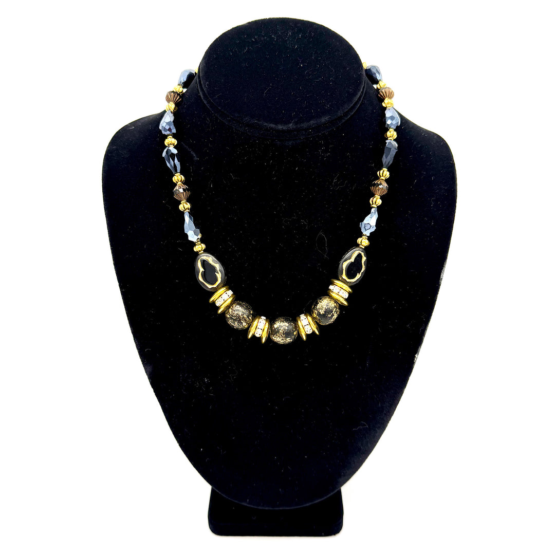 Handcrafted Shiny Black and Goldtone Bead Necklace