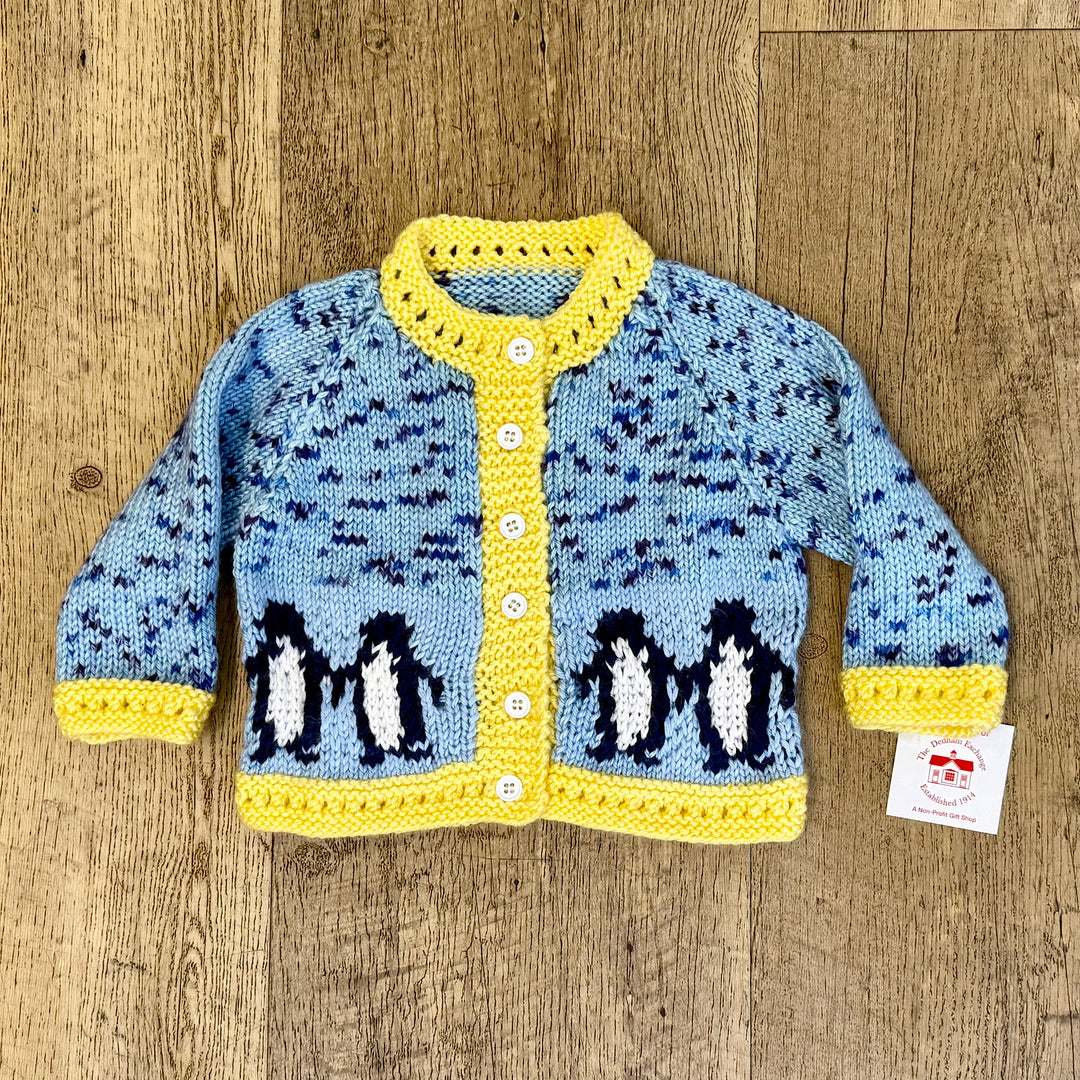 Hand Knit Blue and Yellow Cardigan Sweater with Penguins