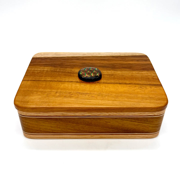 Handcrafted Hinged Wood Box with Dichroic Glass Decoration