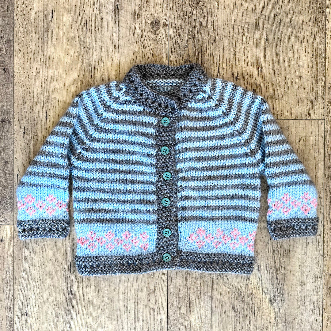 Hand Knit Blue and Gray Striped Cardigan Sweater