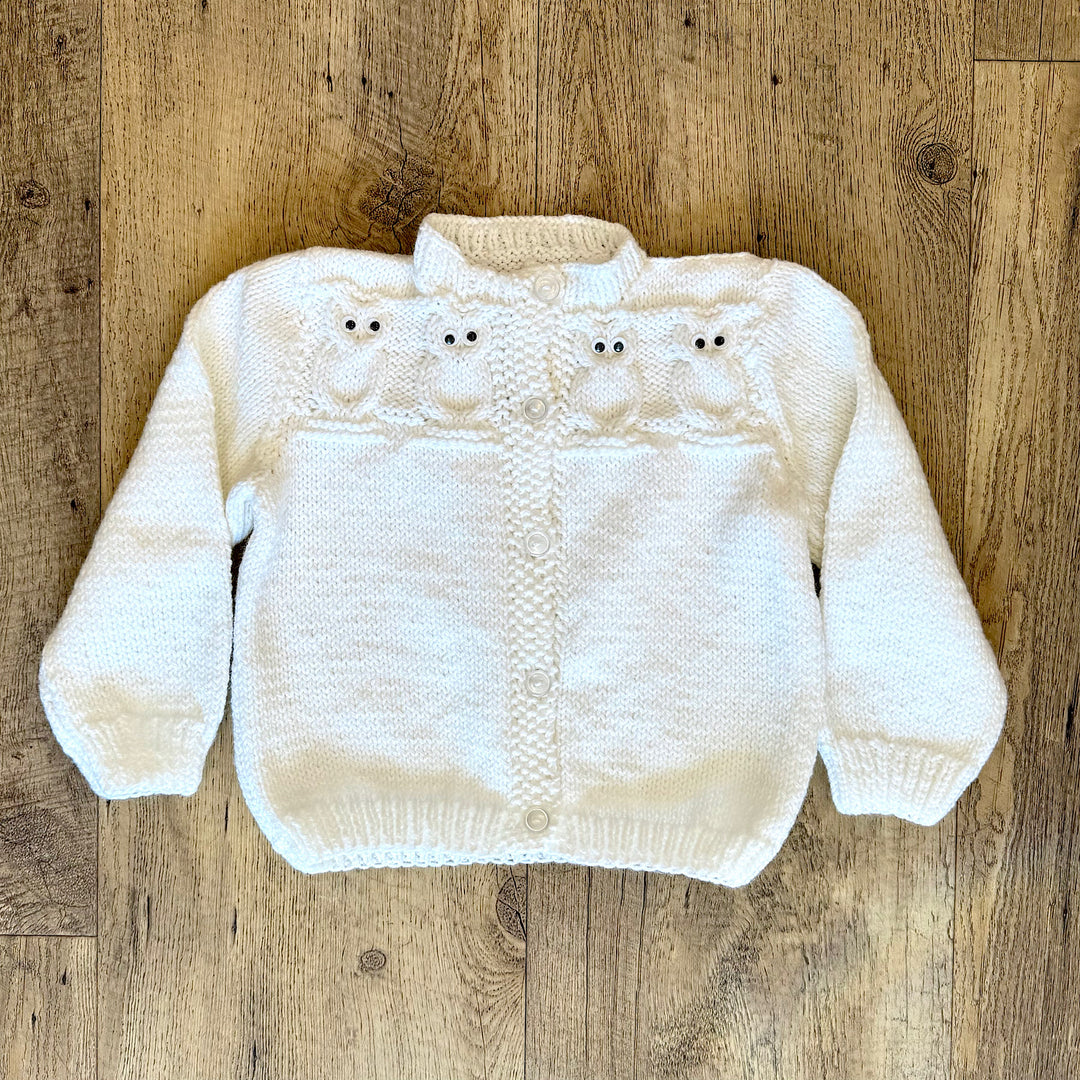 Hand Knit White "Owl" Sweater