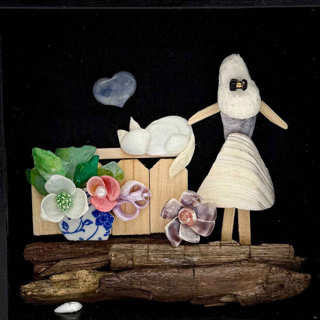 Handmade Shell Artwork of Woman and Cat