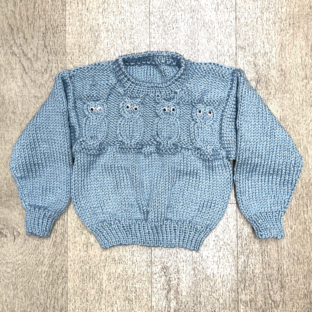 Hand Knit Blue Pullover Owl Sweater