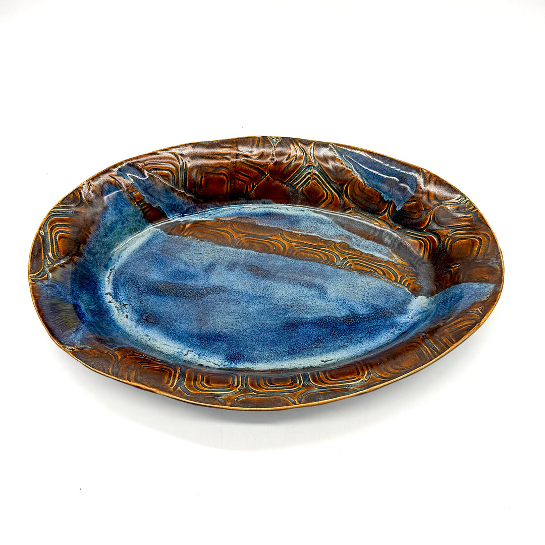 Handmade Blue and Brown Large Ceramic Oval Platter