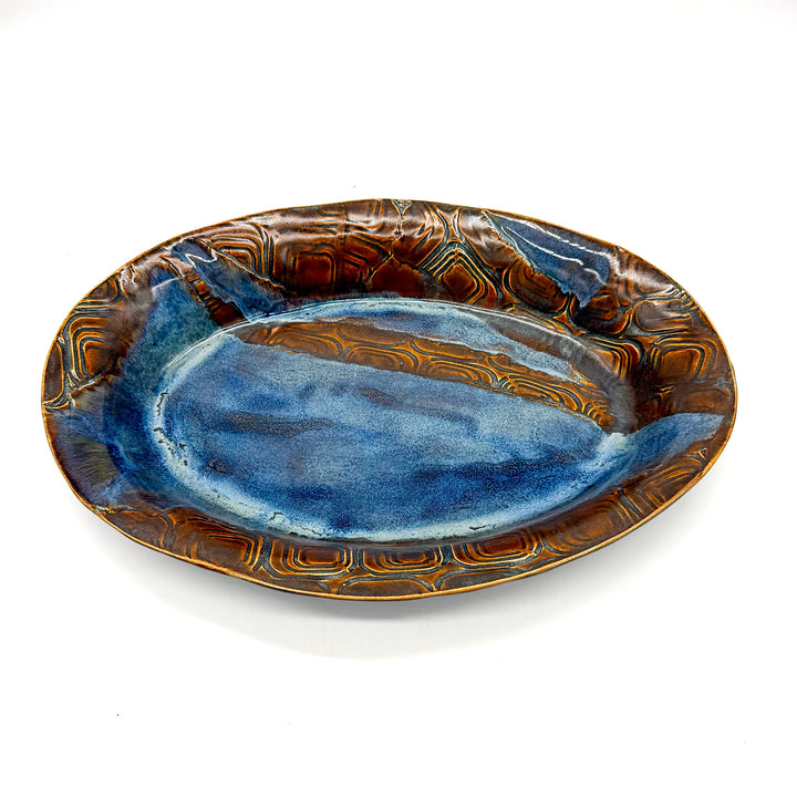 Handmade Blue and Brown Large Ceramic Oval Platter