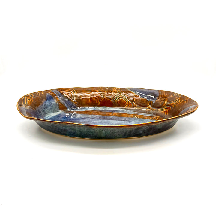 Handmade Blue and Brown Large Ceramic Oval Platter