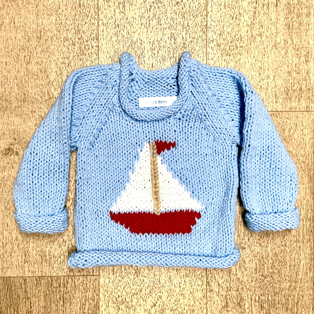 Handmade Light Blue Pullover with Sailboat