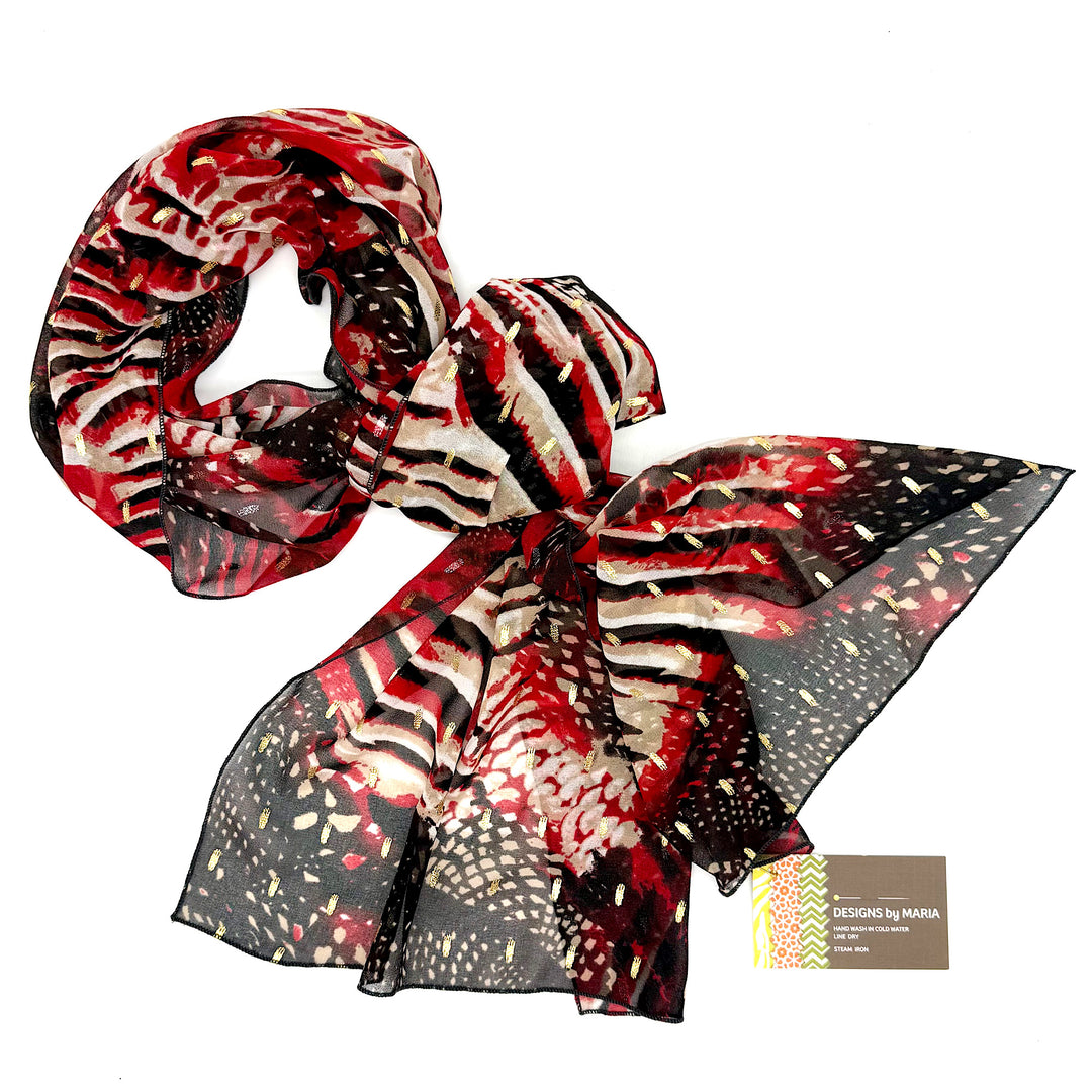 Women's Dress Scarf in Red, Black and White Design with Gold Accents