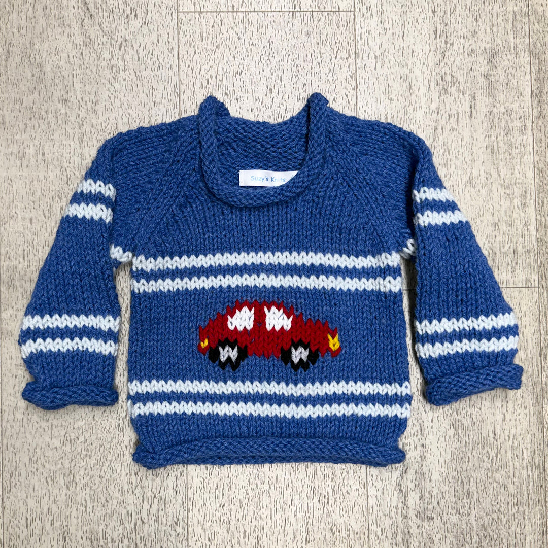 Handmade Denim Blue Pullover with Stripes and Car
